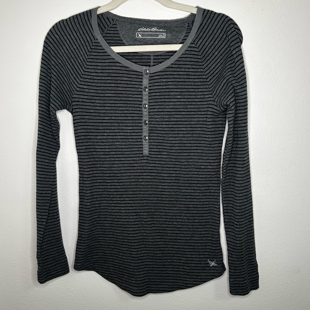 Eddie Bauer waffle knit black and grey striped base layer style top